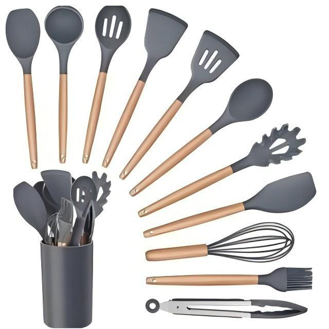 KIT de Utensílios Para Cozinha em Silicone e Bambu 12 Peças